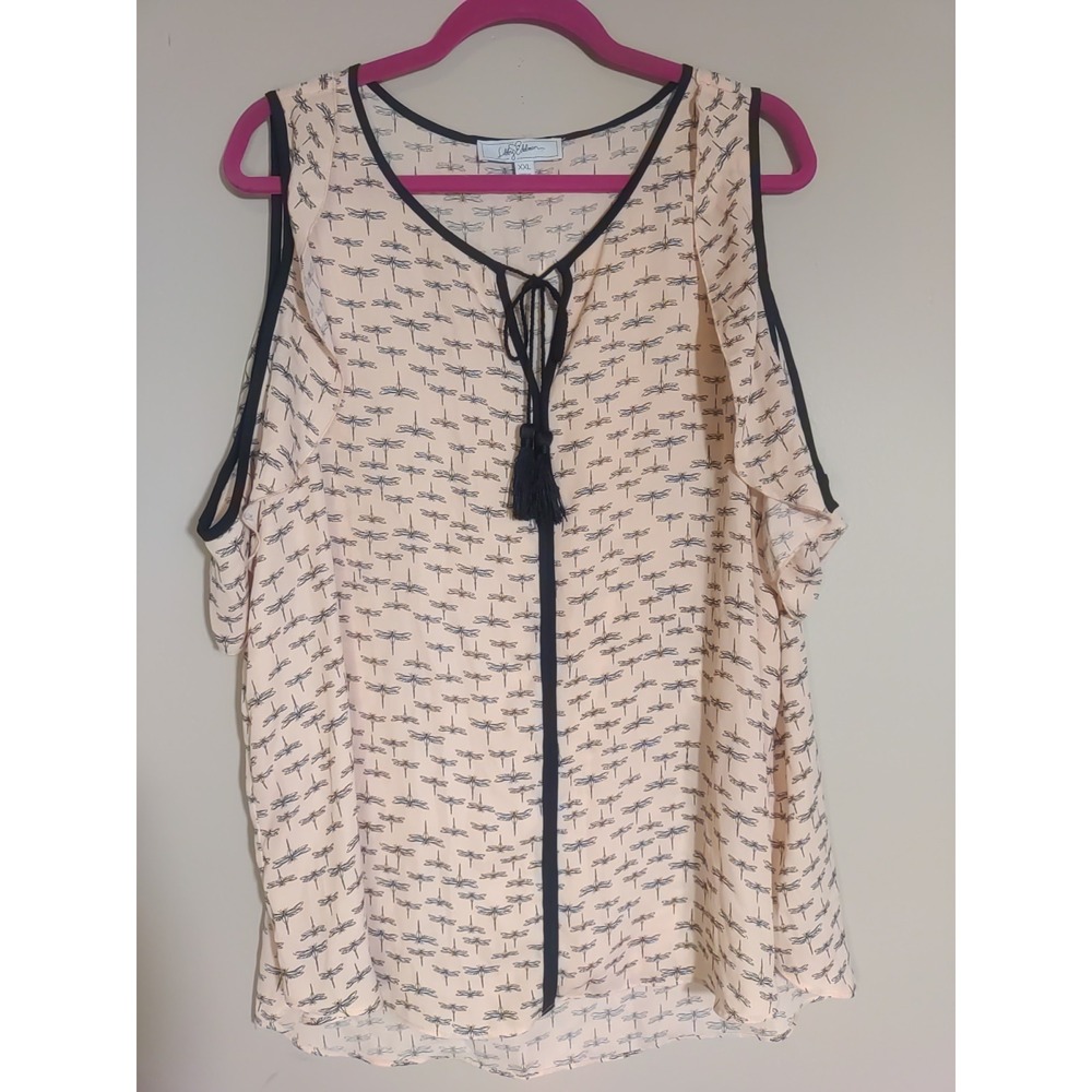 libby edelman Peach Black Blue Hue Dragonfly Open Sleeve Tassel Top‎ Size XXl